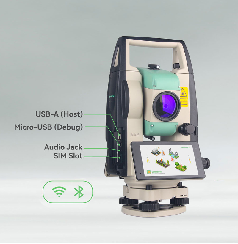STSA9 Android Total Station con ampia gamma di opzioni di trasmissione: USB, Micro-USB, 4G, Wi-Fi, Bluetooth e jack audio